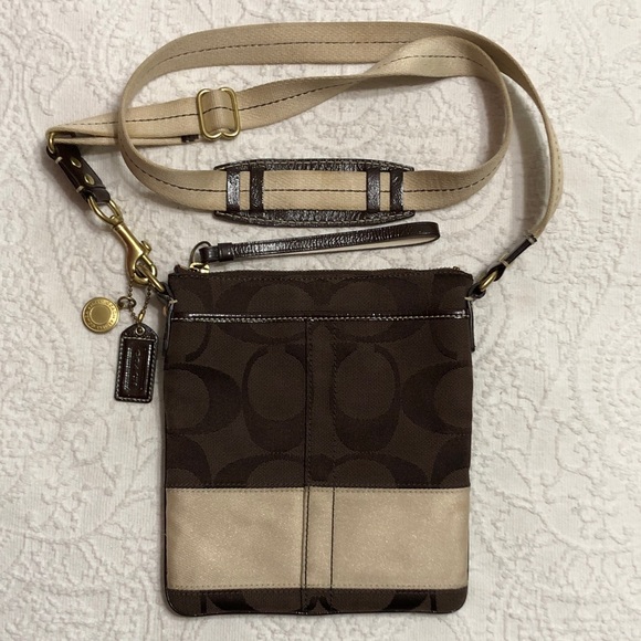 Coach Crossbody Bag Brown and Tan, Brown Patent Leather Trim with Coach Tags - Picture 1 of 16